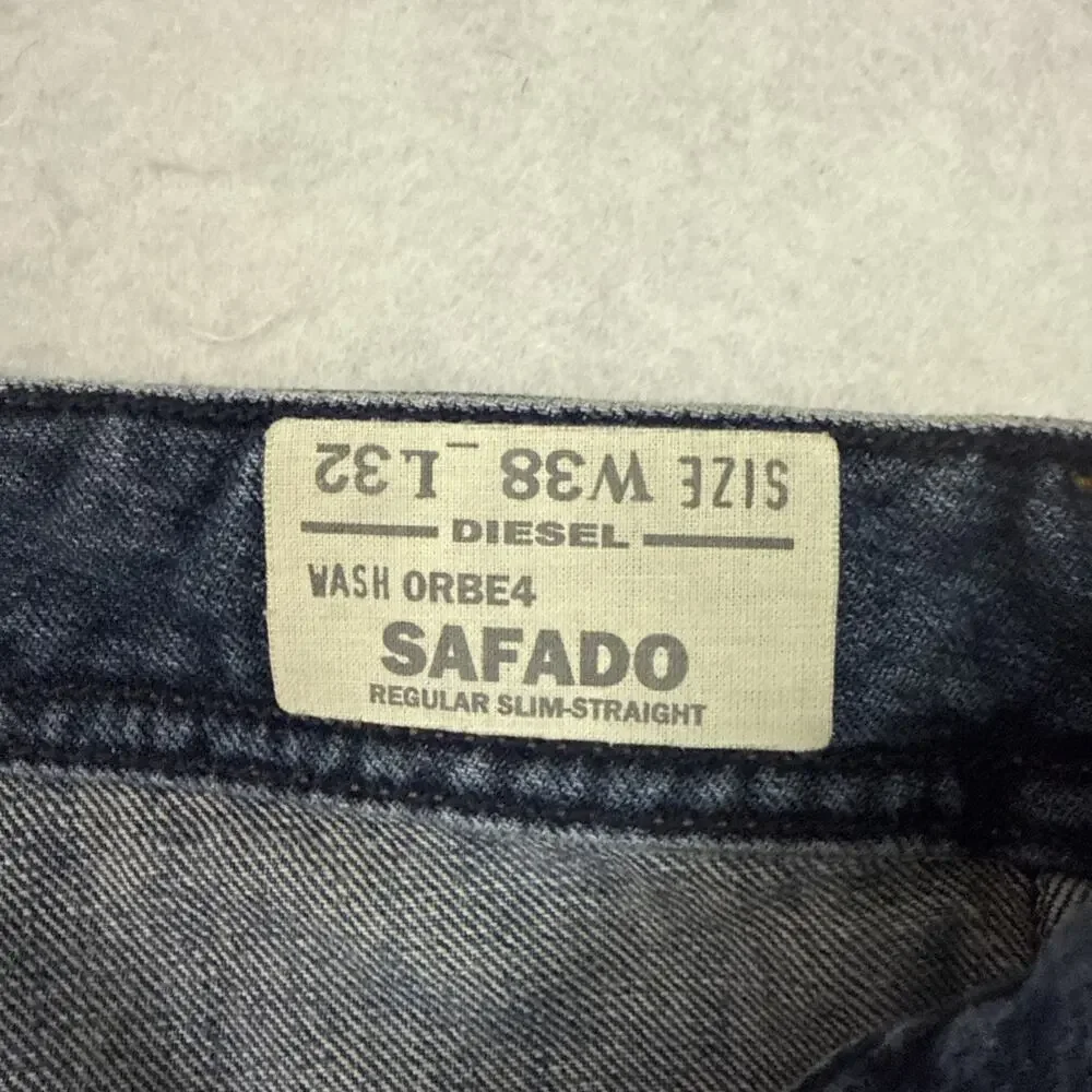 Diesel Industry Safado Jeans Mens 38x32 Blue Button Fly Stretch Distressed Denim